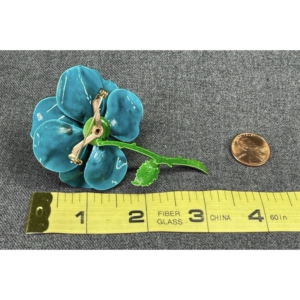 Vintage Enamel Flower Brooch Blue Green 3